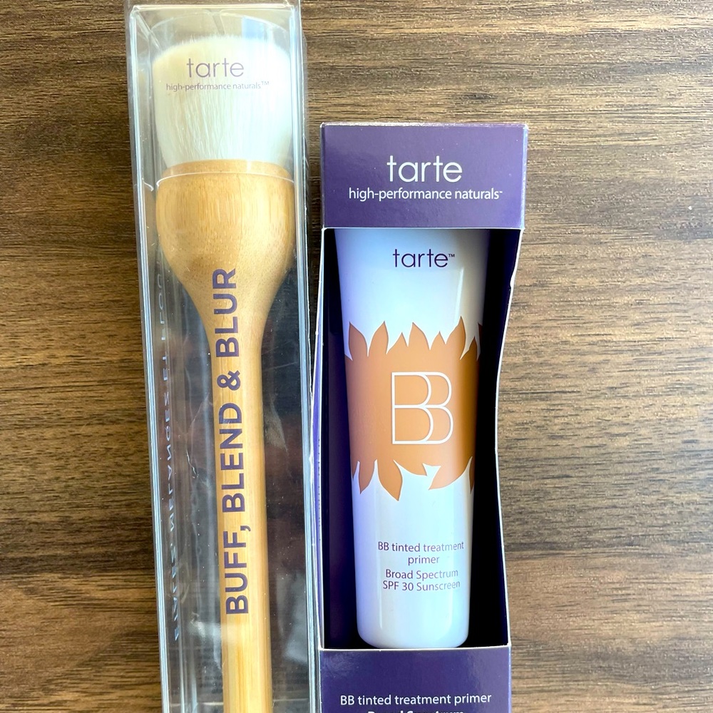 Tarte BB tinted primer cream in medium-tan and brush